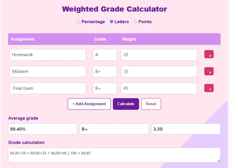 Weighted Grade Calculator 6 Letter Weighted Grade